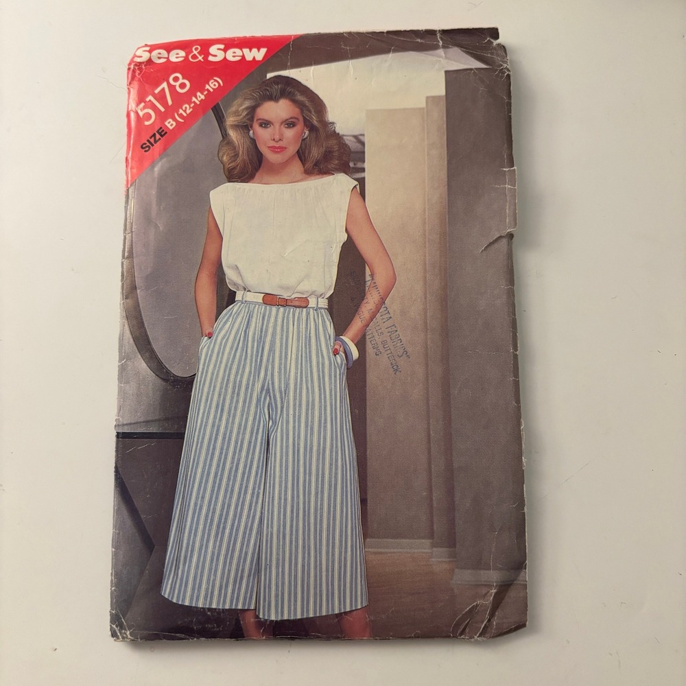 VTG See & Sew Butterick 5178 Culottes & Bateau Neck Top Pattern Sz 12-16 UNCUT